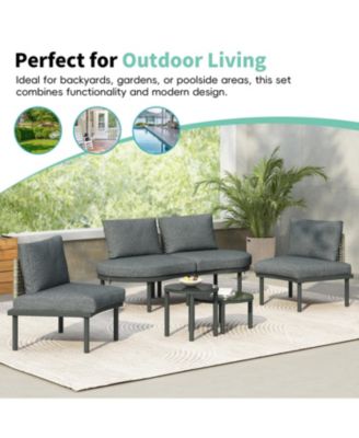 6-Pc Half Moon Patio Sofa Set, Wicker, Glass Tables, Cushions & Pillows - Gray