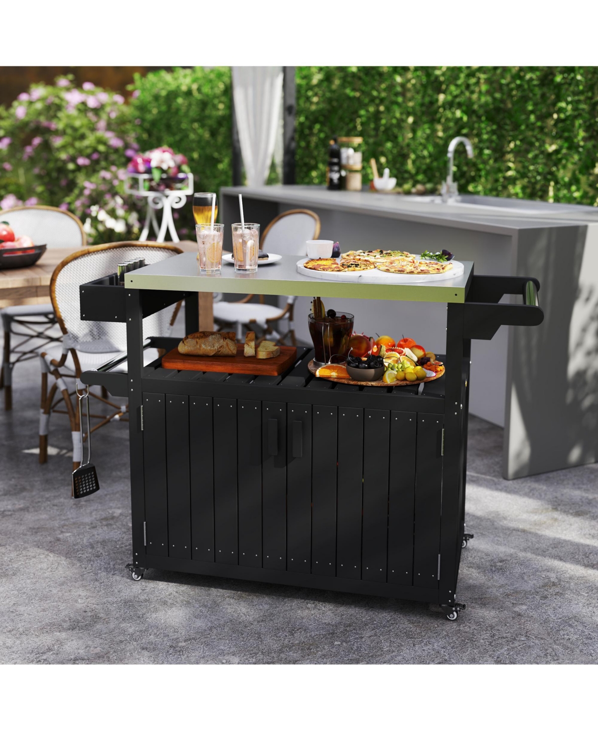 Outsunny Outdoor Bar Cart with Storage, Hdpe Kitchen Cart,