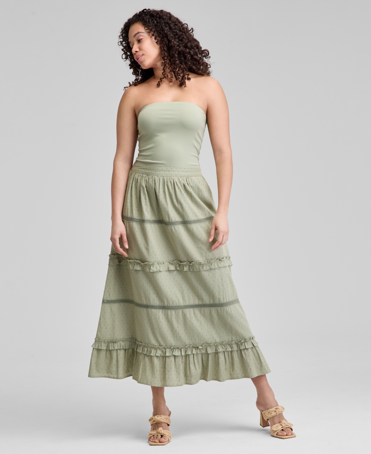 Women's Pull-On Tiered Cotton Maxi Skirt, Exclusively at Macy's - Herbal Sage