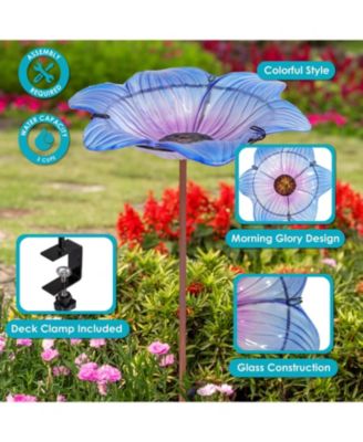 Morning Glory Deck-Mounted/Staked Glass Bird Bath - 11.5" Diameter - Blue