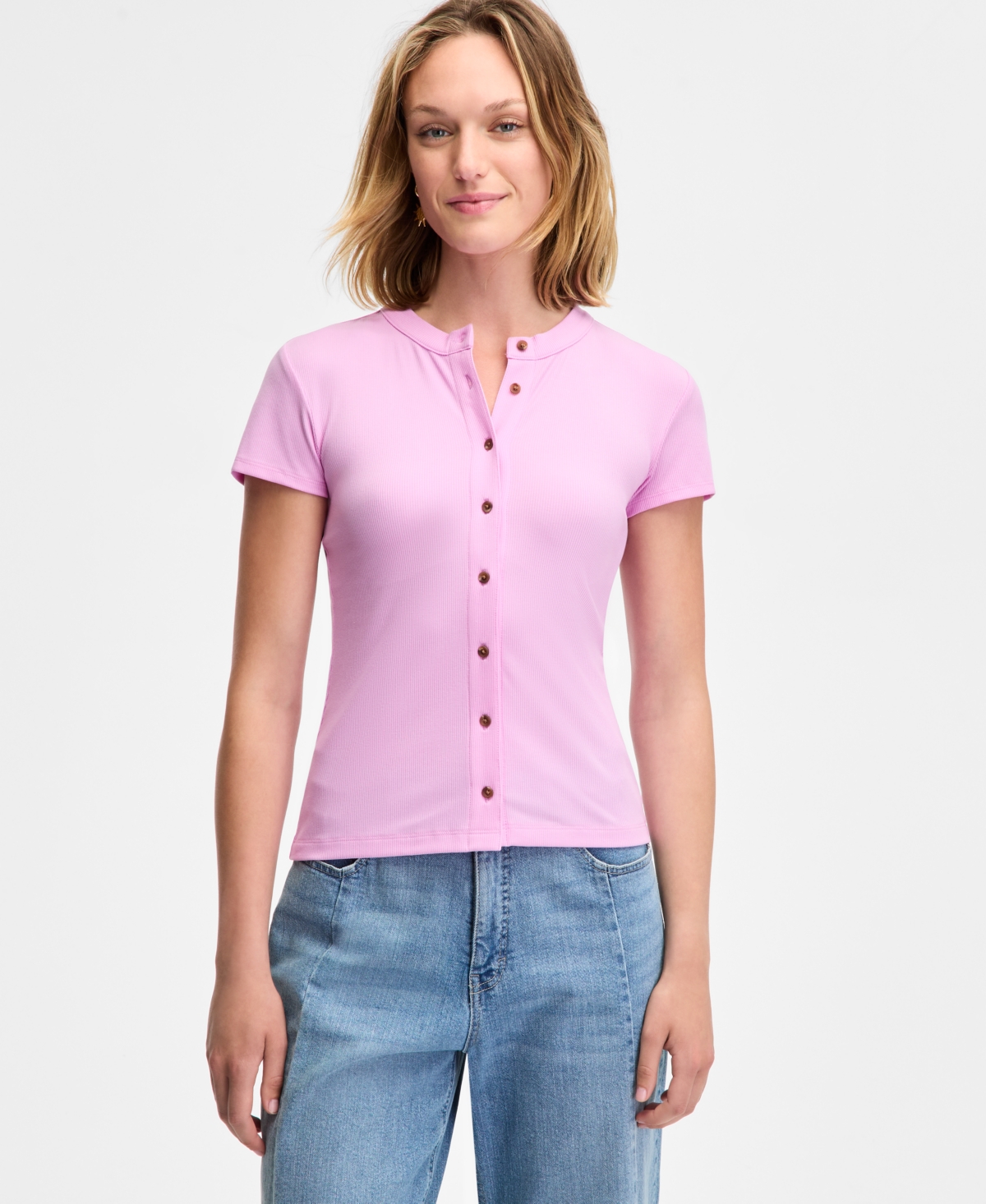 ON 34TH WOMEN'S RIB-KNIT SHORT-SLEEVE BUTTON FRONT TOP, EXCLUSIVELY AT MACY'S 
