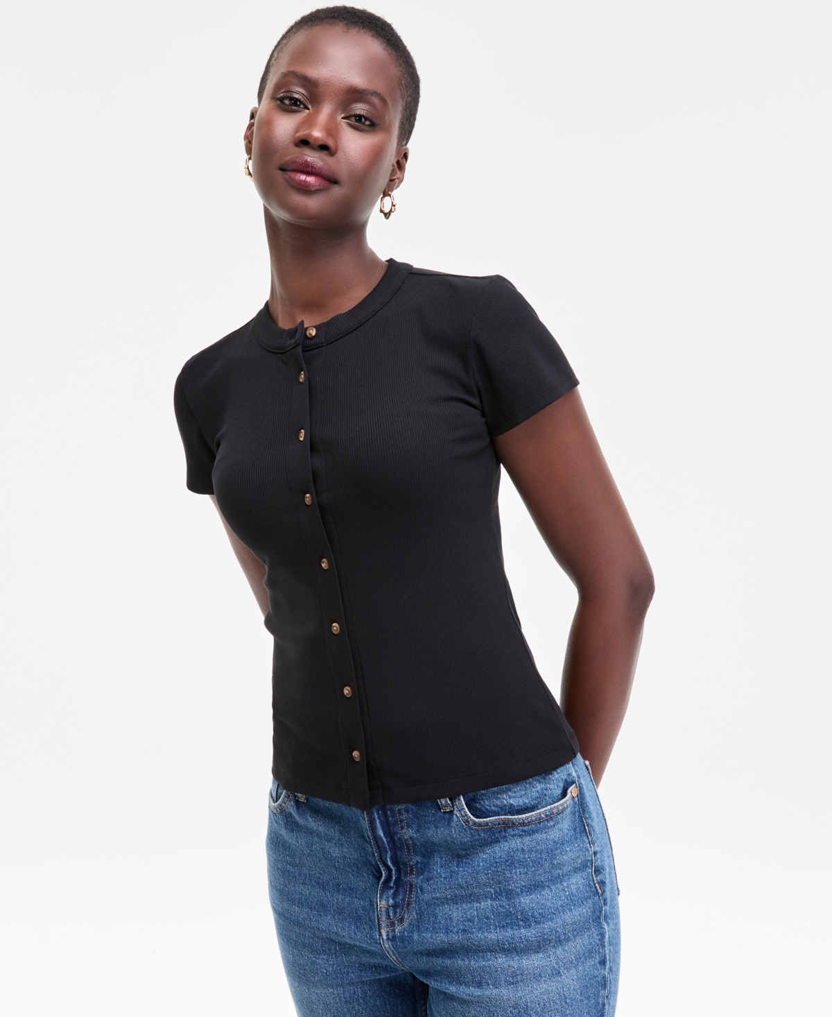 Shop On 34th Women's Rib-knit Short-sleeve Button Front Top, Exclusively At Macy's