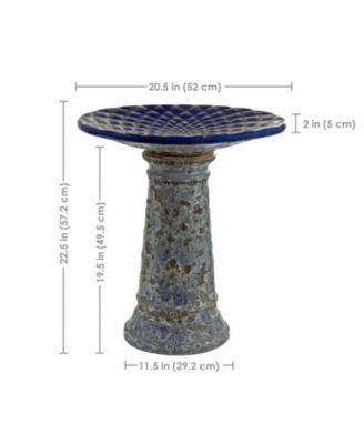 Rennes Ceramic Bird Bath with Lava Finish -Blue Glazed Bowl with Blue Distressed Ceramic Finish - 22.5"