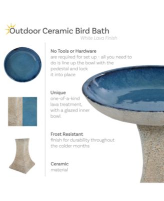 Nantes Ceramic Bird Bath with Lava Finish - White Distressed Ceramic Finish - 16" H