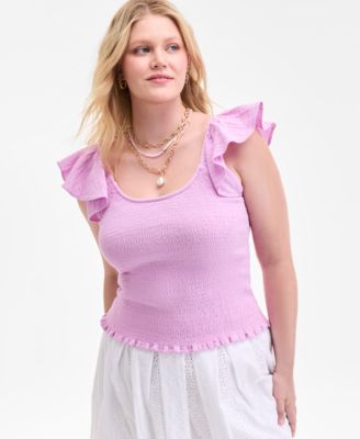 On 34th - Women's Cotton Gauze Smocked Flutter-Sleeve Top