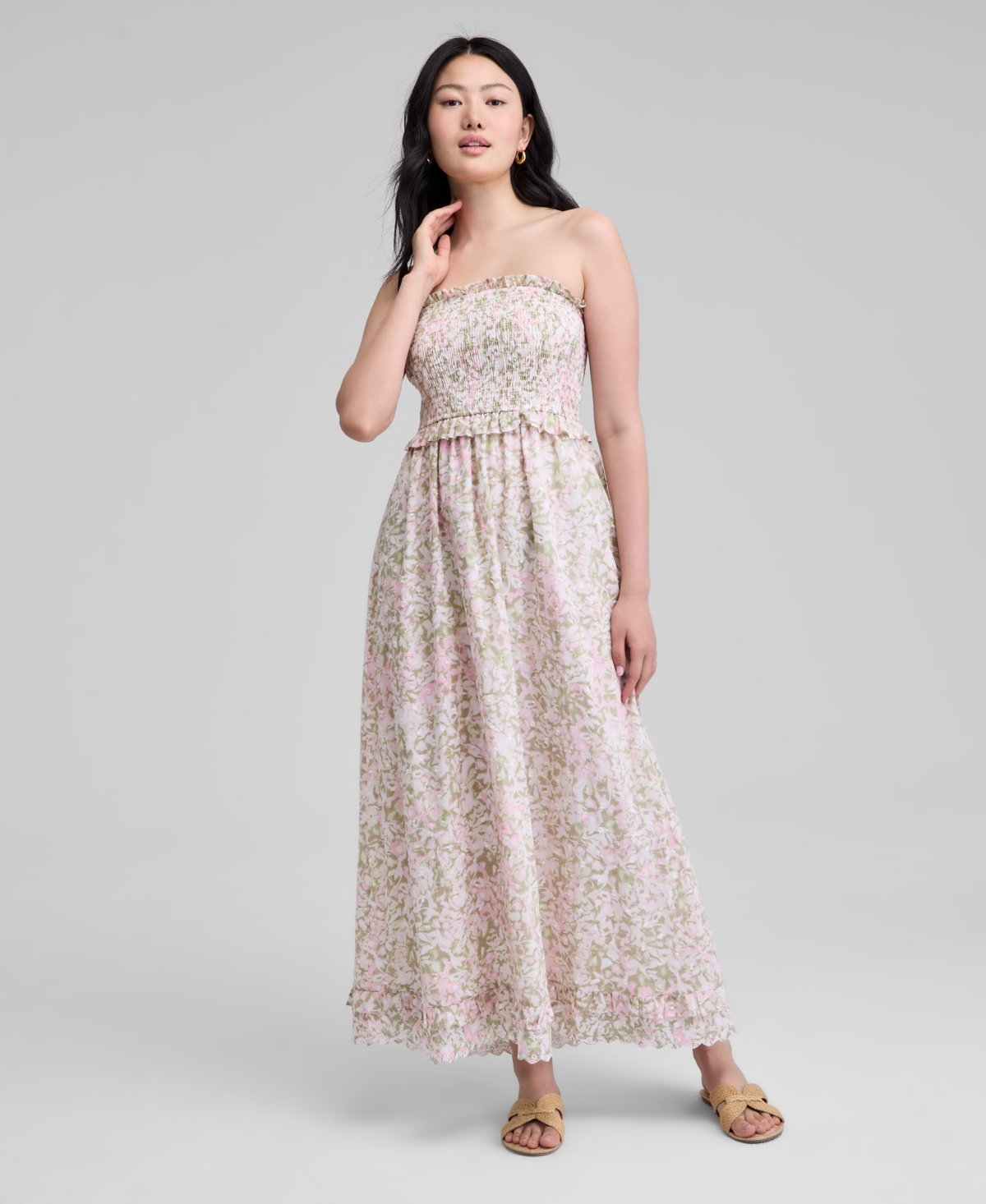 Women's Cotton Smocked Strapless Maxi Dress, Exclusively at Macy's - Pink Floral