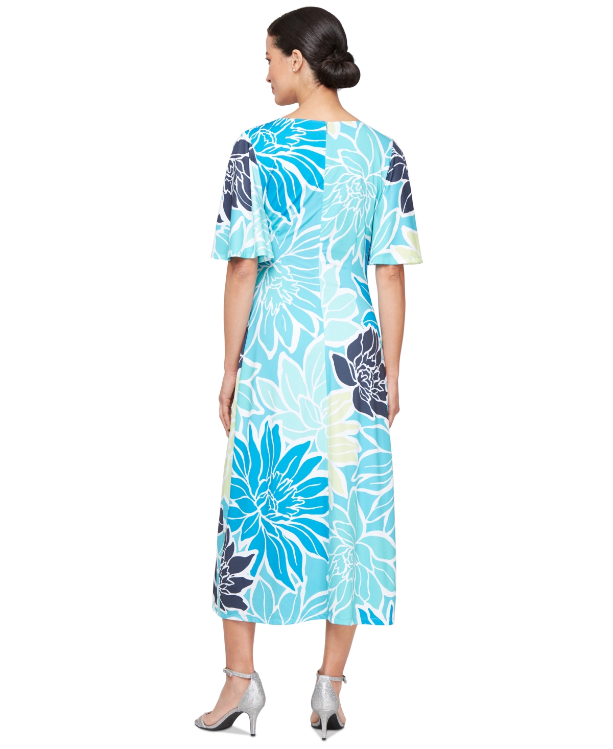 Shop Sl Fashions Women's Printed Faux-wrap Short-sleeve Dress In Turq,aqua