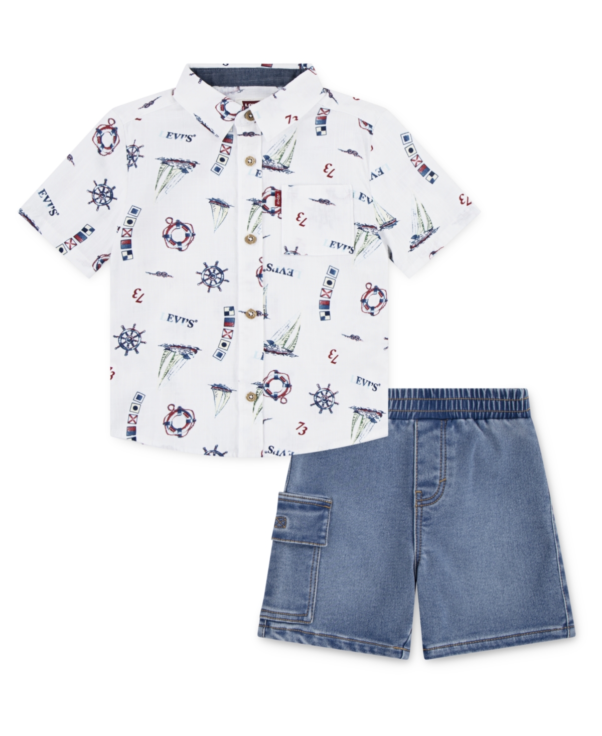 LEVI'S LITTLE BOYS SAILING SHIRT AND DENIM CARGO SHORTS SET 