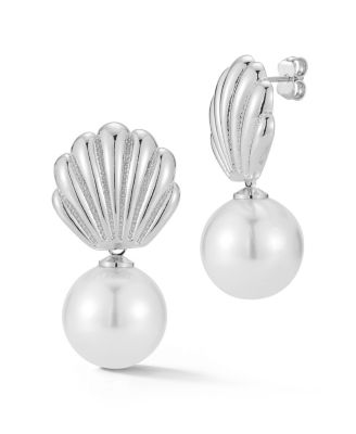 Rhodium Plated Shell Pearl Drop Earrings