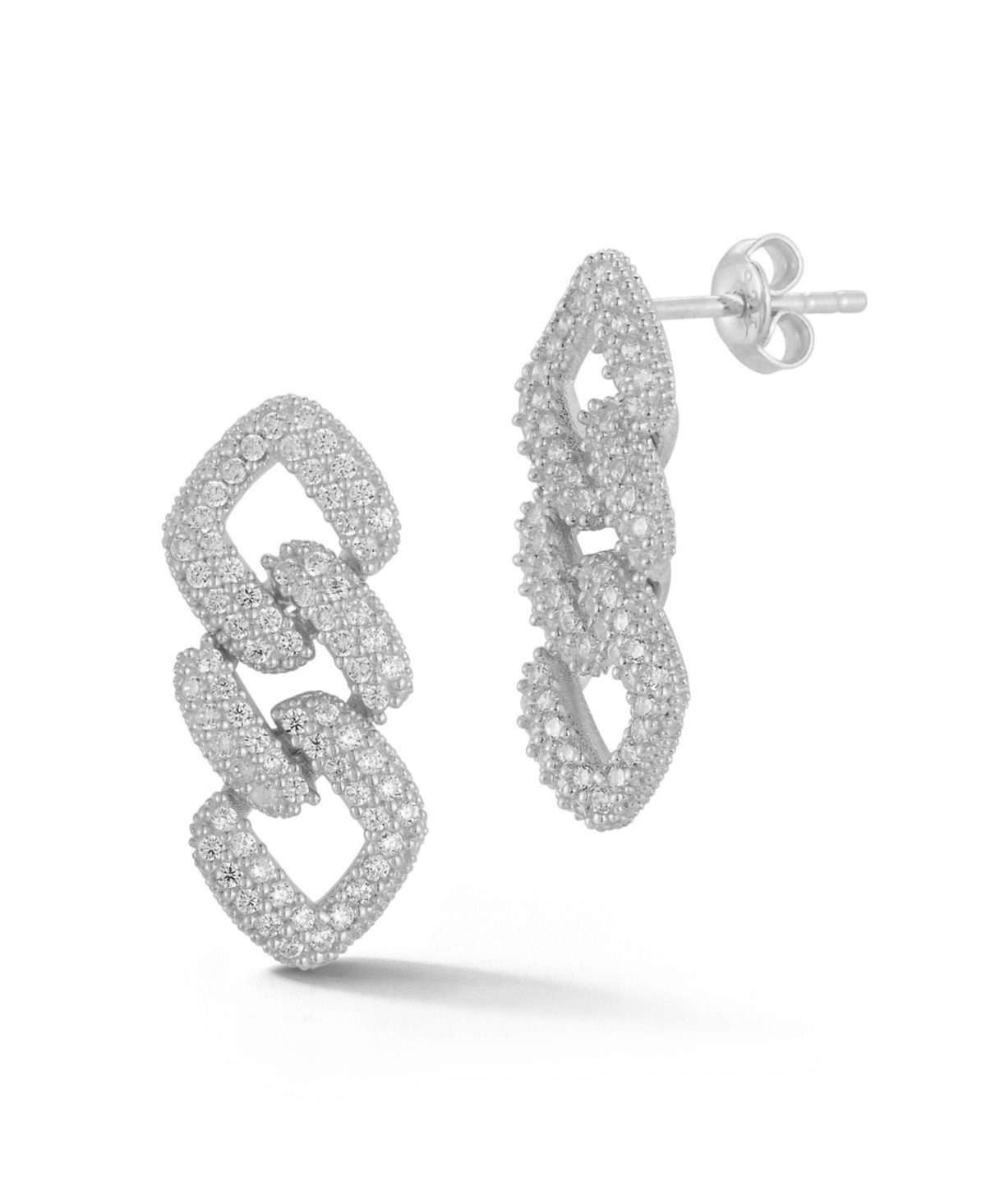 Sterling Silver Pave Curb Link Drop Earrings - Silver