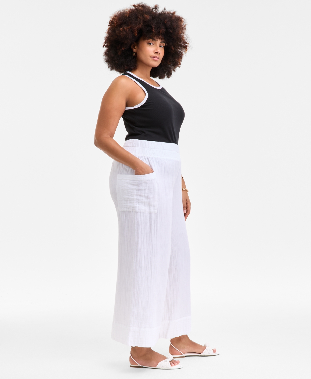 On 34th Plus Size Cotton Gauze Smocked-waist Wide-leg Pants, Exclusively At Macy's