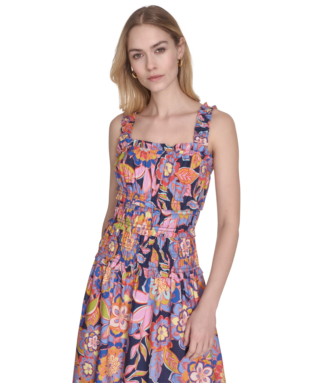ELIZA J WOMEN'S COTTON SMOCKED-WAIST FLORAL-PRINT DRESS 