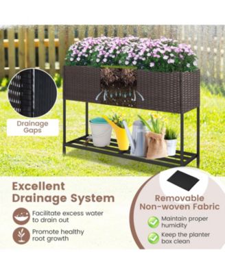 Wicker Raised Garden Bed with Storage Shelf and Drainage Gaps for Flowers