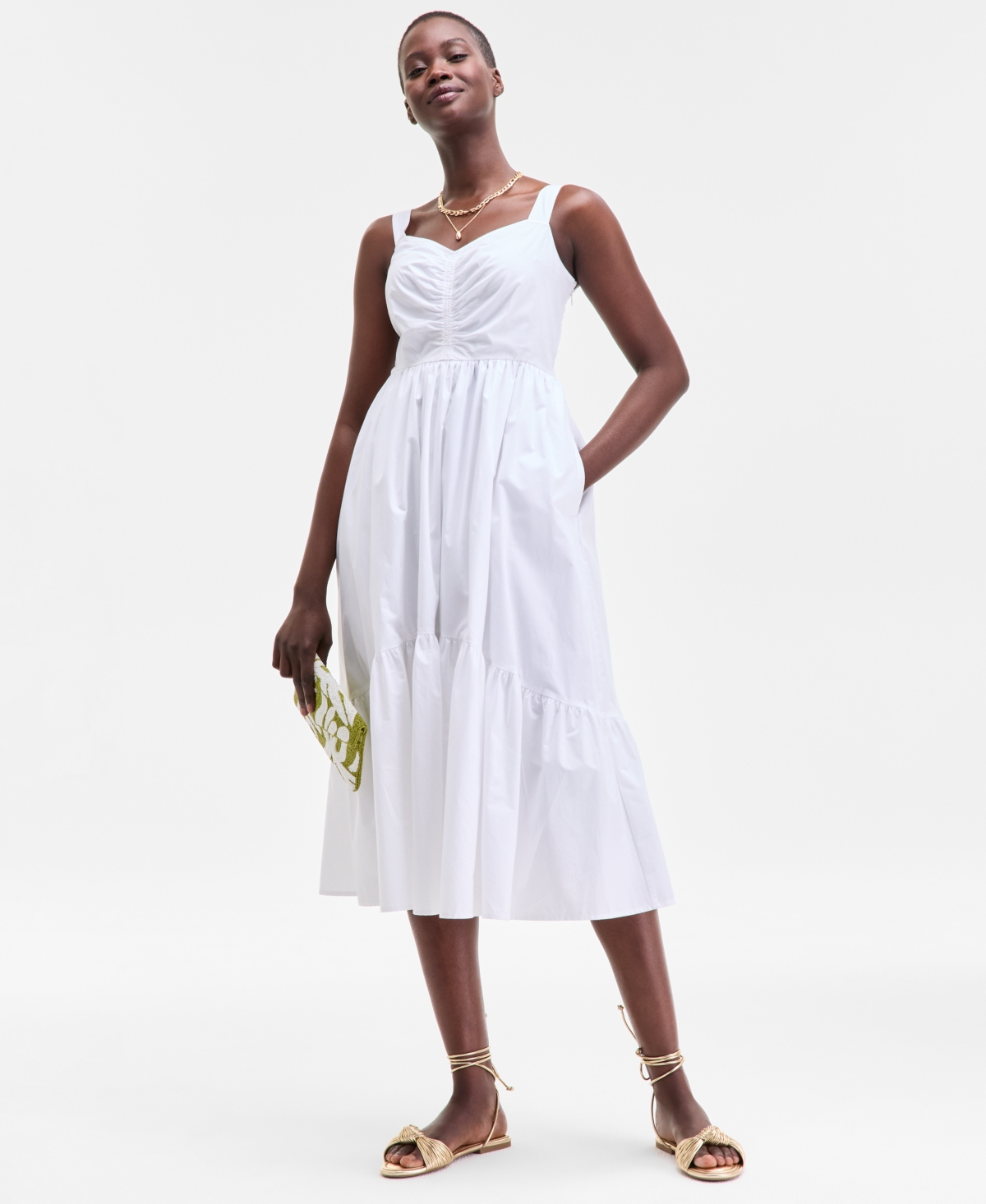 Women's Cotton Poplin Shirred Midi Dress, Exclusively at Macy's - Bright White