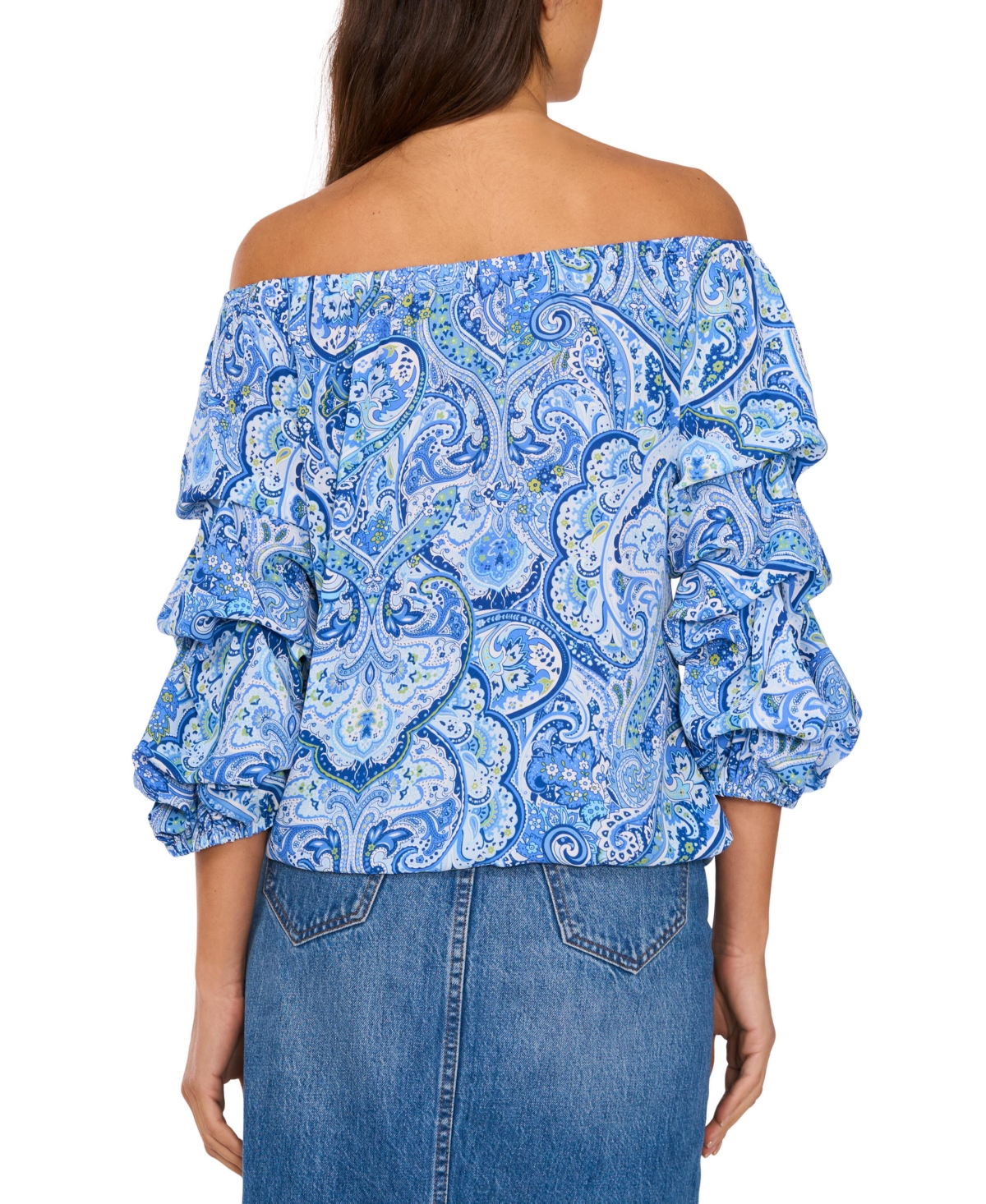 VINCE CAMUTO WOMEN'S PRINTED OFF-THE-SHOULDER BUBBLE 3/4-SLEEVE TIE-FRONT BLOUSE 