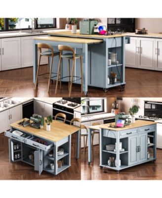 Extendable Grey Kitchen Island with Storage, Power Outlet & Drawers