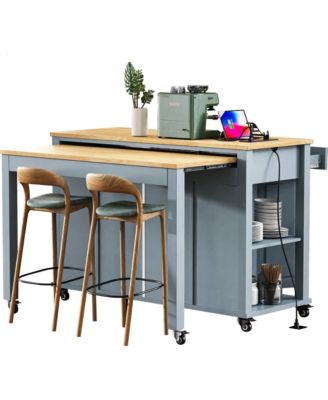 Extendable Grey Kitchen Island with Storage, Power Outlet & Drawers