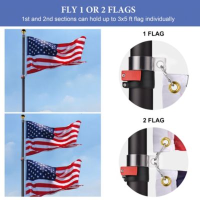 EZ GO 30ft Telescopic Flag Pole Kit Wheel Tire Mount Stand Upgrade Rotating Lock Outdoor Camper RV Tailgate Black