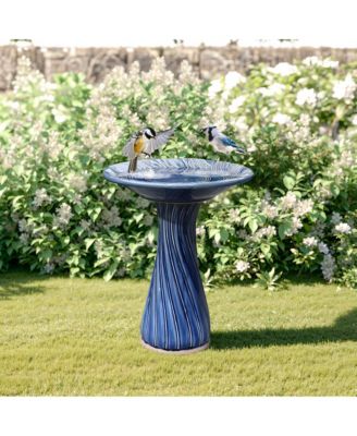 Blue Leaves and Swirl 22-Inch Tall Ceramic Birdbath