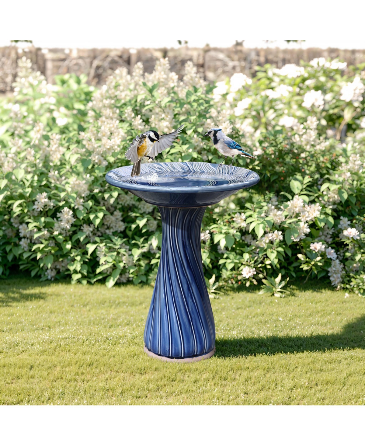 LuxenHome Blue Leaves and Swirl 22-Inch Tall Ceramic Birdbath