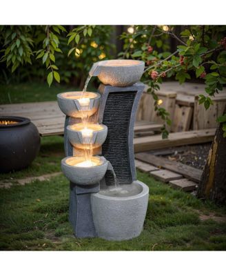 5-Bowl Multi-Gray Modern Sculpture 26-Inch Tall Resin Fountain with Lights
