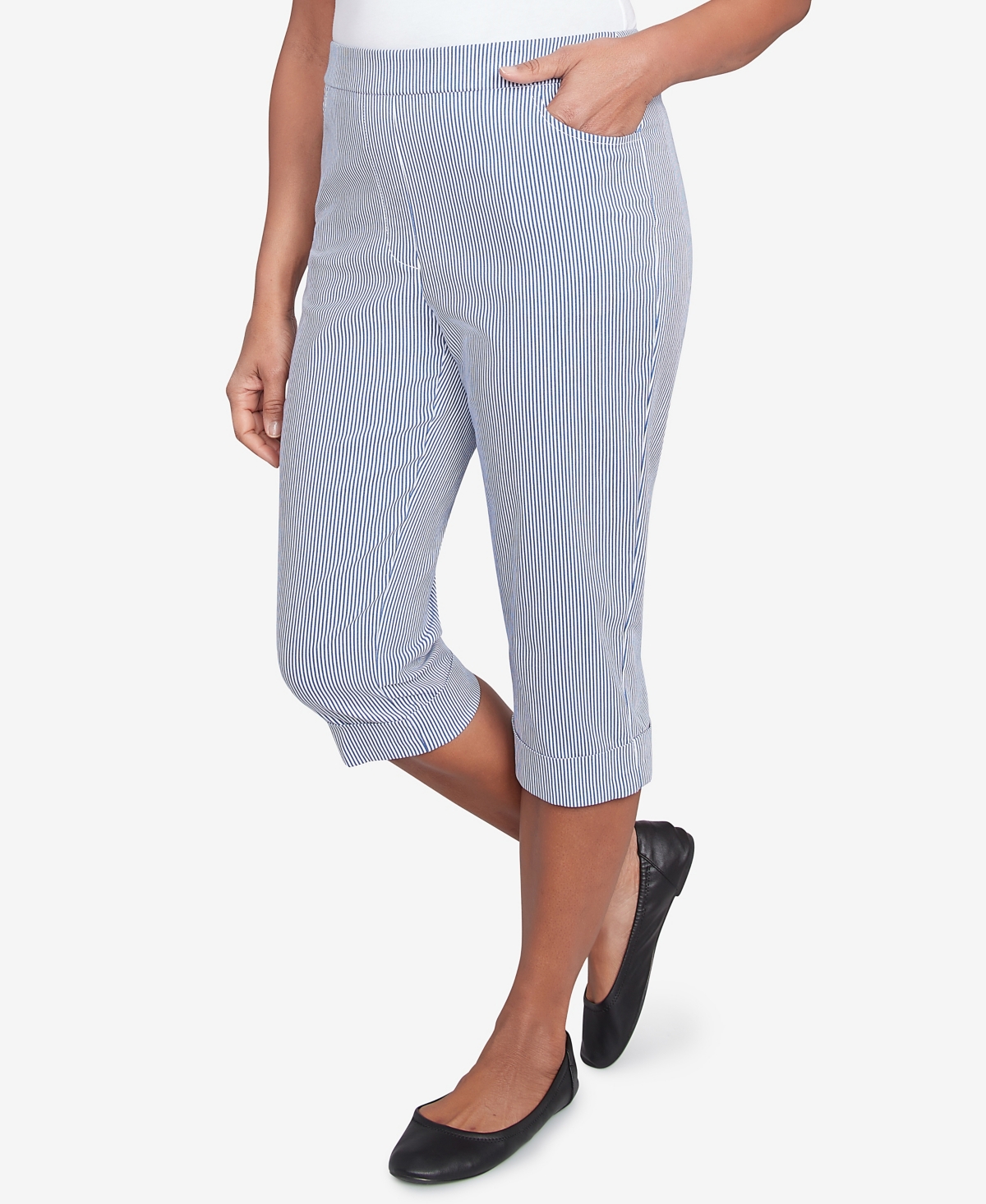 Alfred Dunner Petite Land Of The Free Striped Cuffed Clamdigger Pants In Blue