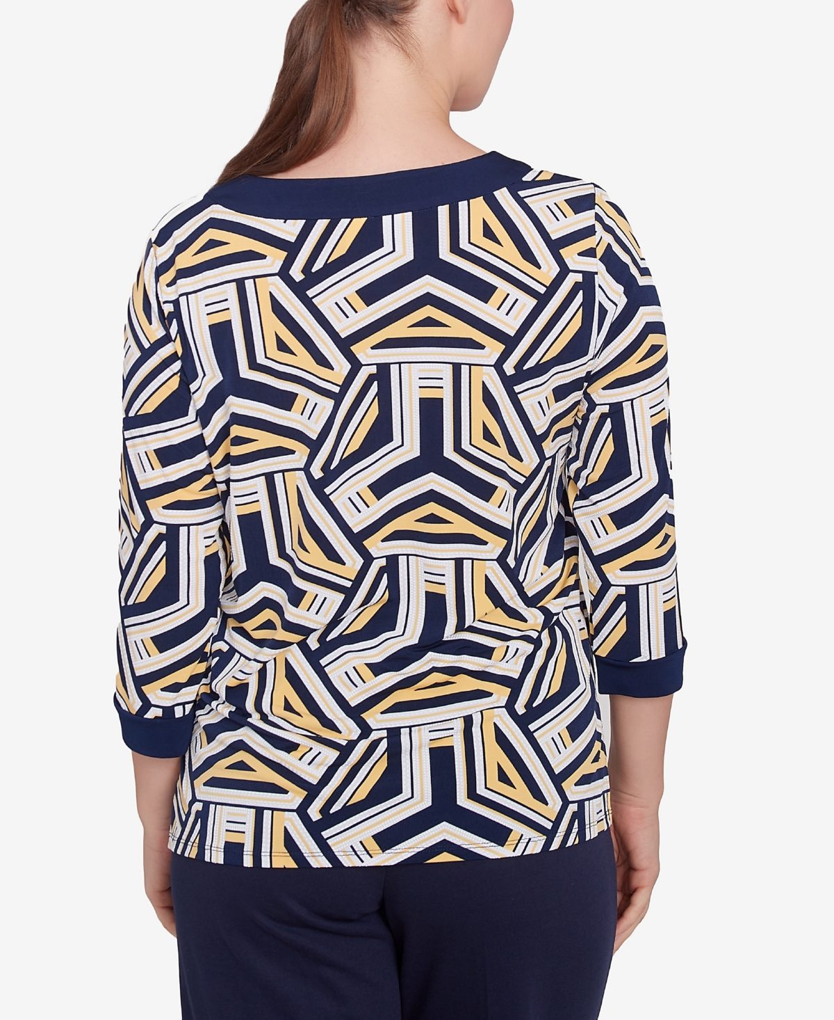 Alfred Dunner Plus Size Block Island Geometric Grommet Trim Top In Navy Multi