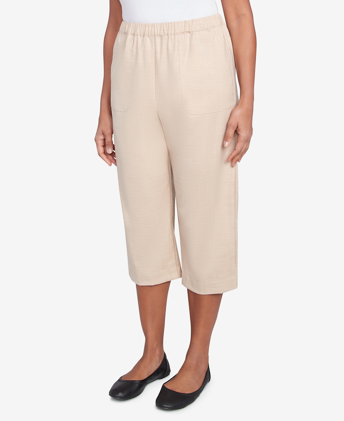 Alfred Dunner Plus Size Catalina Island Patch Pockets Elastic Waistband Capris Pants In Linen