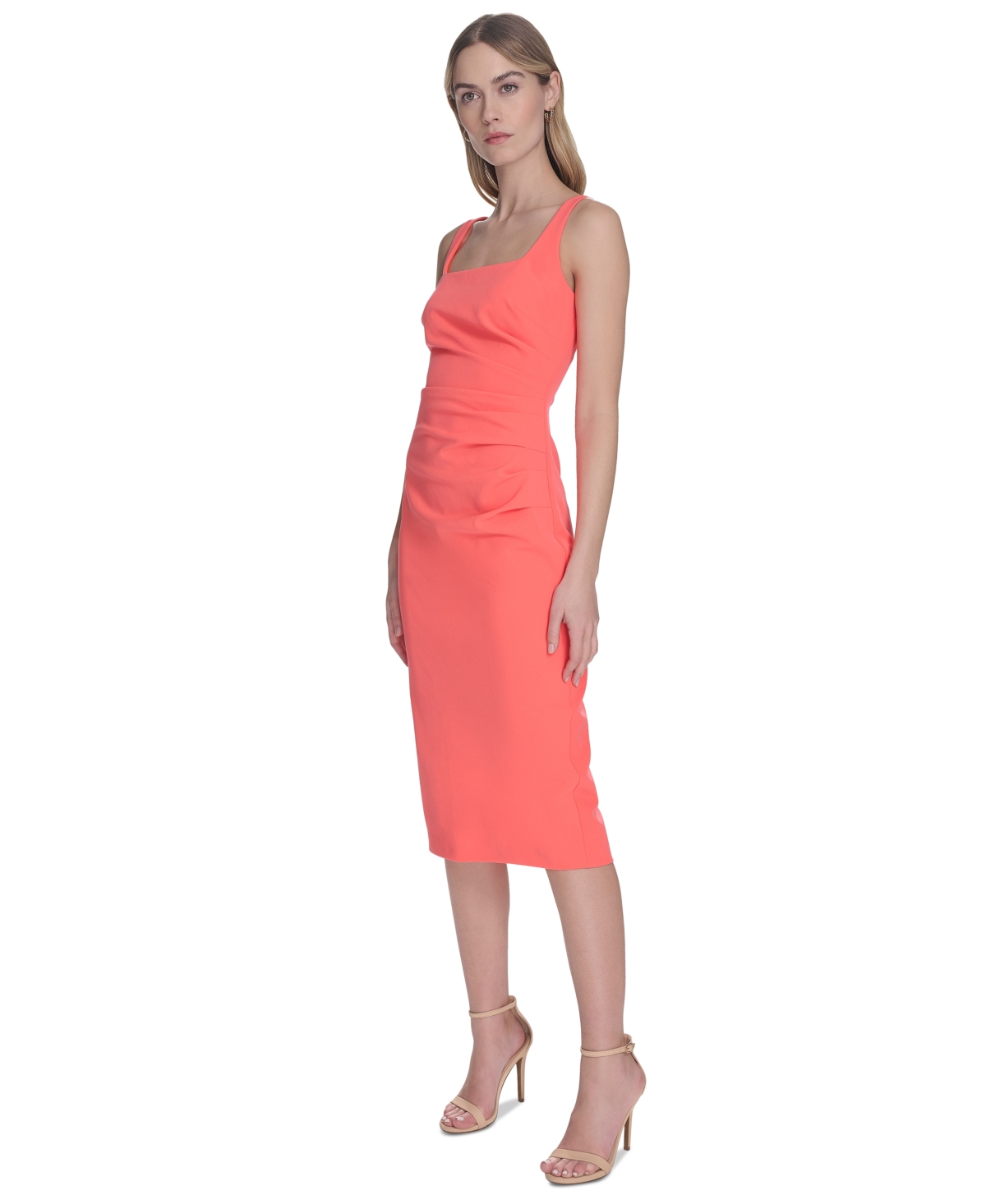 Vince Camuto Women's Square-neck Midi Bodycon Dress In Coral