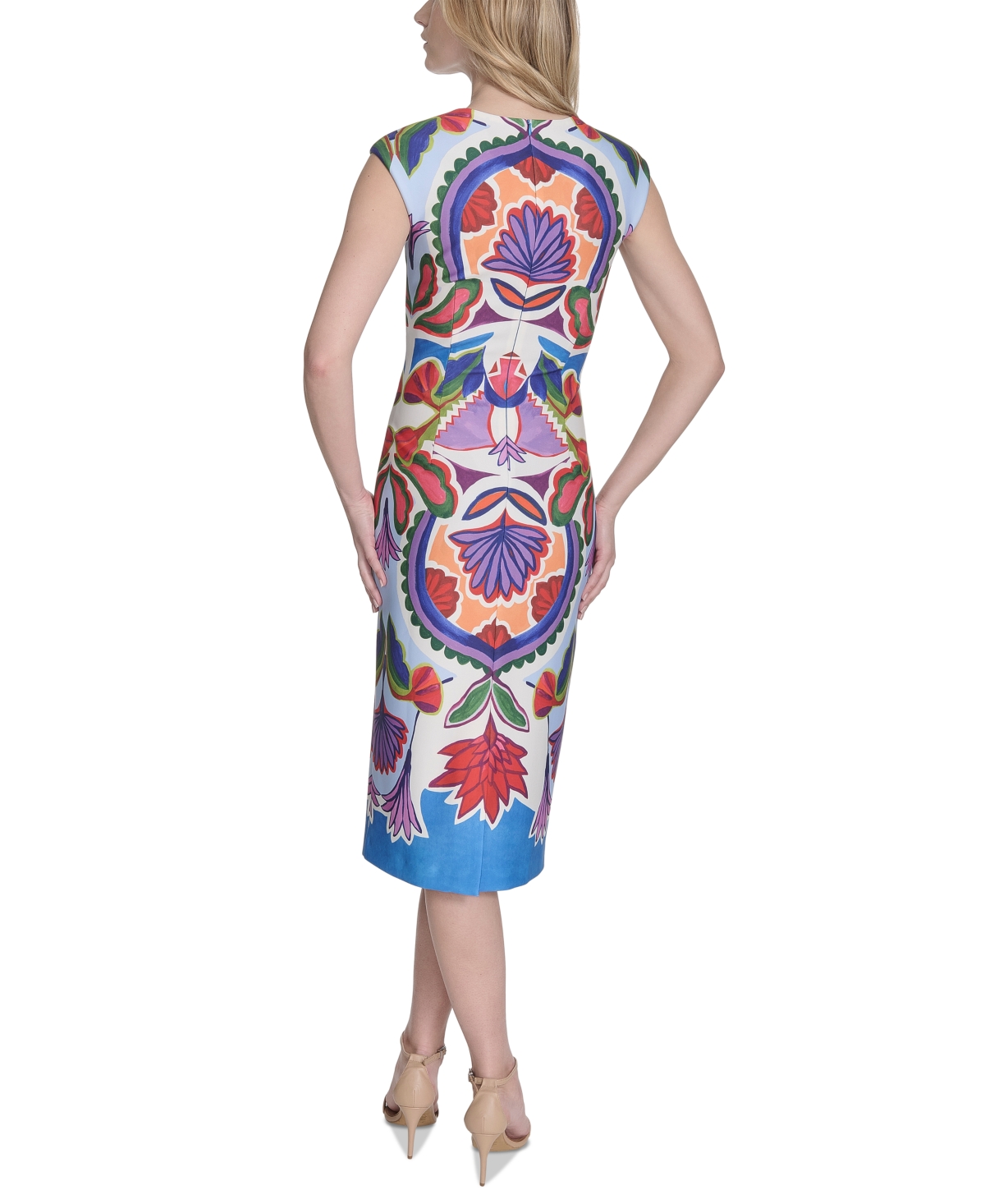 Vince Camuto Petite Placement-print Cap-sleeve Midi Dress In Blue