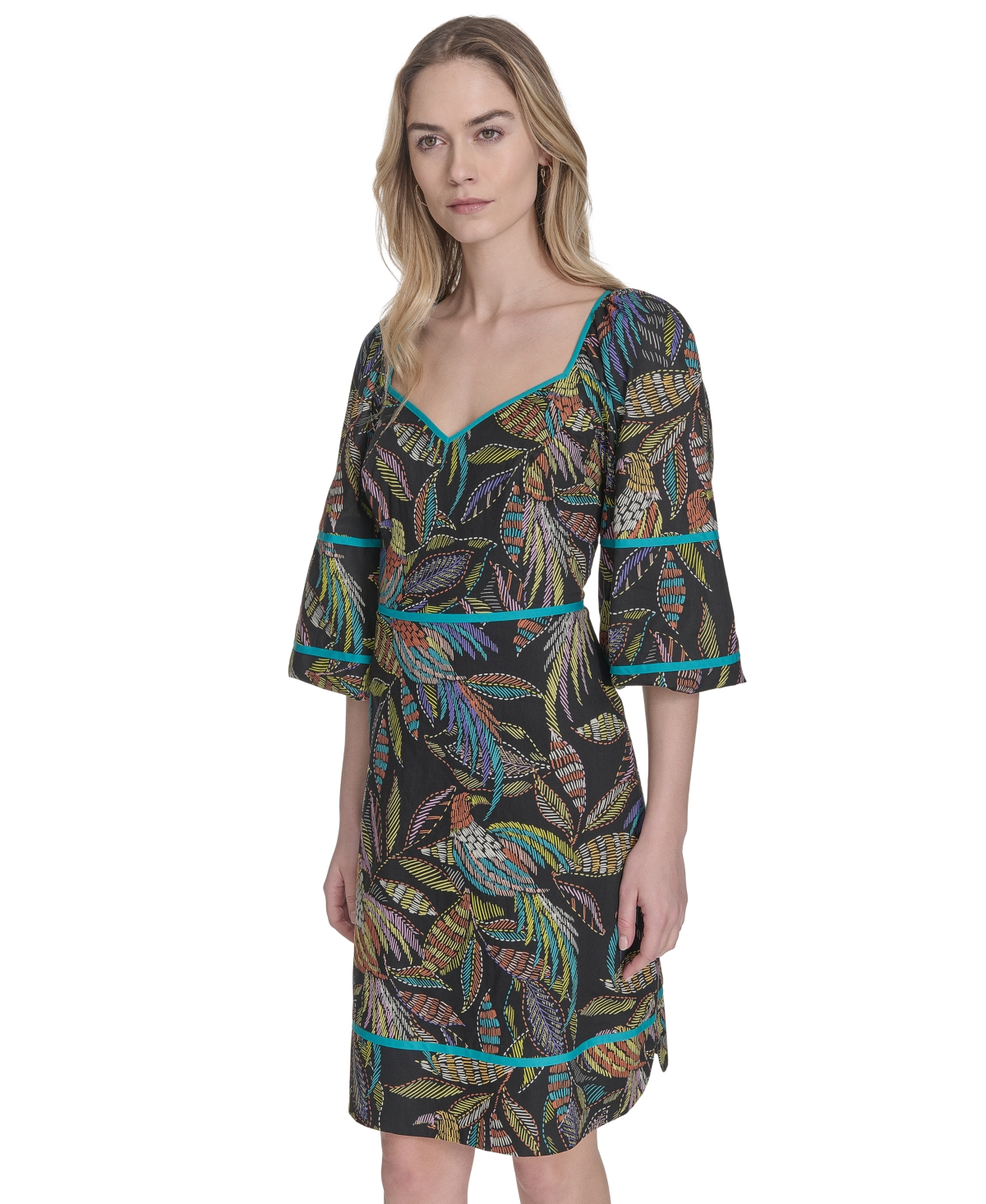 Vince Camuto Women's Cotton Leaf-print Piped-trim Dress In Bml