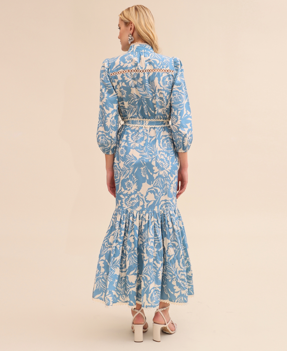 Avec Les Filles Floral Print Long Sleeve Cotton Poplin Dress In Blue Vintage Floral