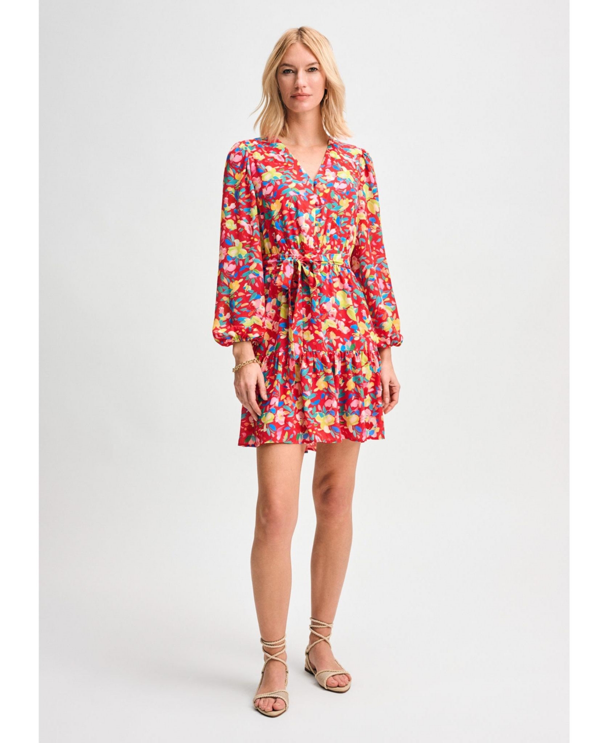Women's Puff Sleeve Belted Dress - Red multi