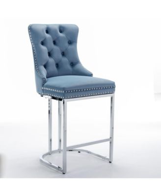 Set of 2 Velvet Counter Height Stools, 25.2" Kitchen Island Chairs with Button Tufted Back, Rivet Trim and Chrome Metal Base