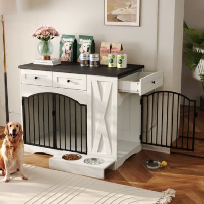 43.3inch Farmhouse Dog Crate Furniture Heavy Duty Dog Kennel with 3 Drawers and Feeder White
