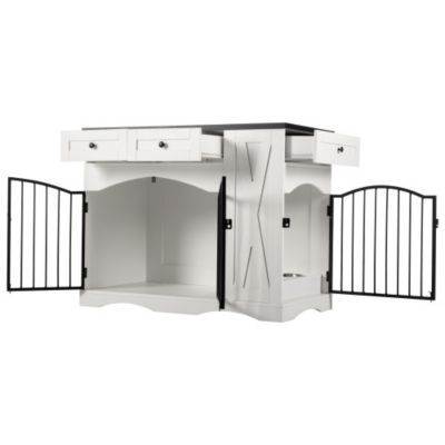 43.3inch Farmhouse Dog Crate Furniture Heavy Duty Dog Kennel with 3 Drawers and Feeder White