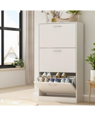 Wooden 3-door white shoe cabinet, shutter door drawers, multi-purpose shoe rack with adjustable shelves