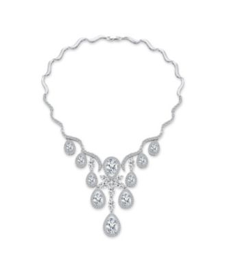  Art Deco Collar Necklace Set with Teardrop CZ and Earrings Silver Plated