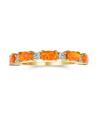 Open Leaf CZ Stackable 1/2 Eternity Oval Orange Blue Pink Created Opal Ring Gold Plated .925 Sterling Silver