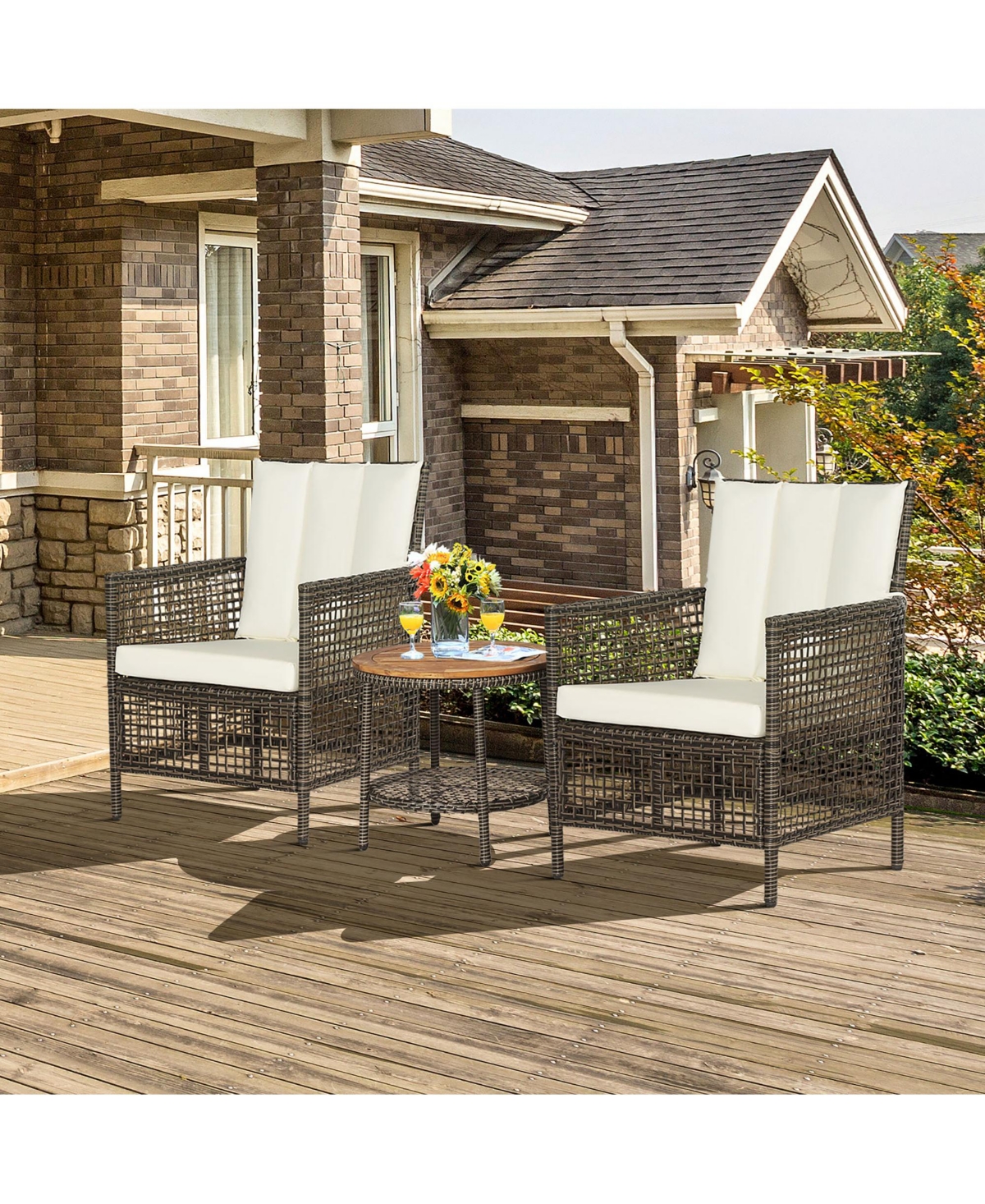 Gymax 3PCS Patio Wicker Bistro Set Furniture Set Pe Rattan Table Set w/ Cushions