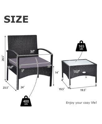 3 PCS Patio Wicker Rattan Furniture Set Coffee Table & 2 Rattan Chair w/ Cushion