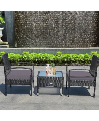 3 PCS Patio Wicker Rattan Furniture Set Coffee Table & 2 Rattan Chair w/ Cushion
