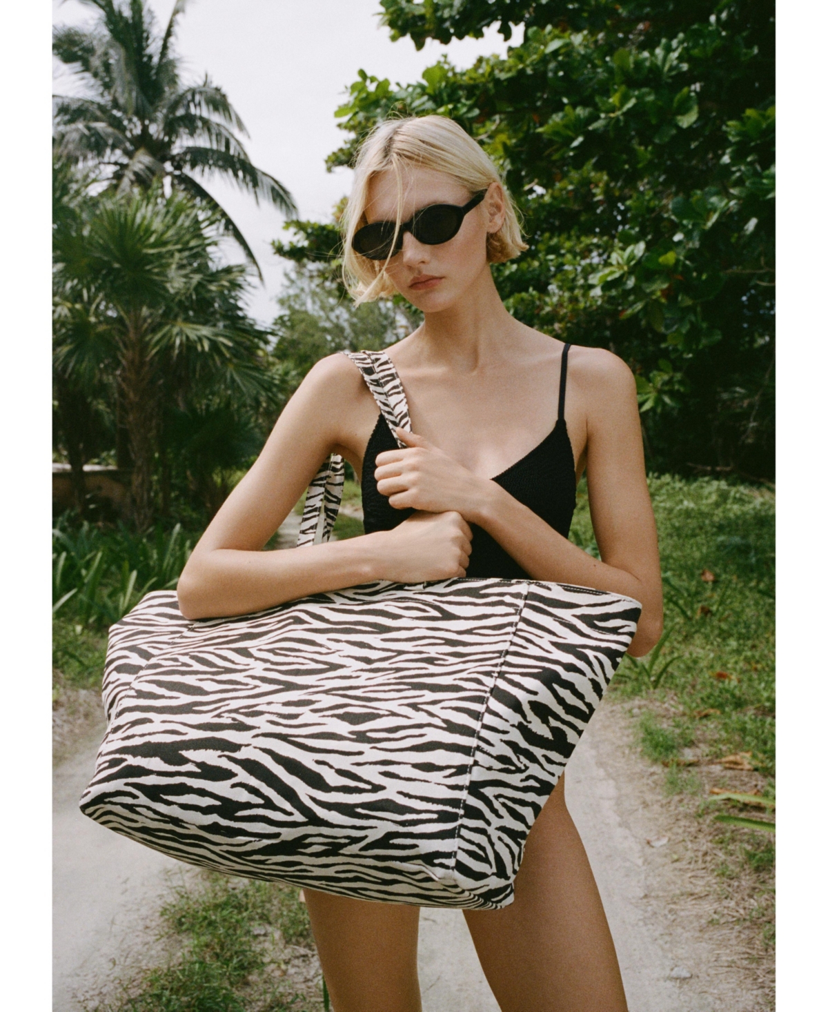 Mango Zebra Canvas Shopper Bag In Black