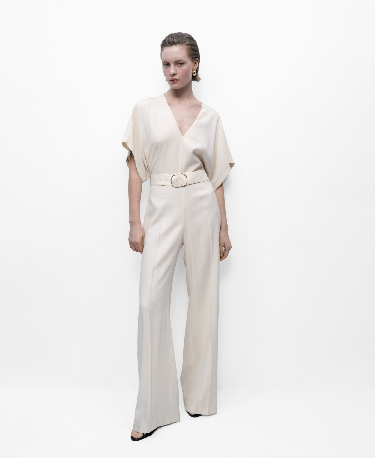 Women's Buckle Belt Long Jumpsuit - Ecru