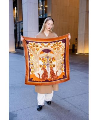 Double Sided Wool Silk Scarf Of Leopards With Floral Fountain