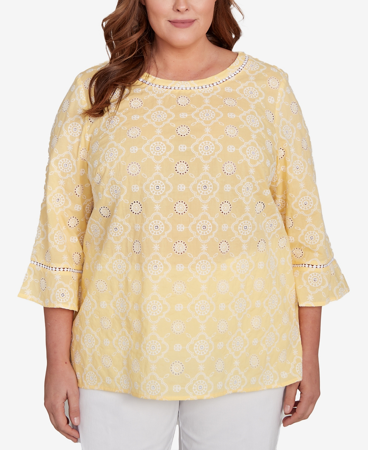 Alfred Dunner Plus Size Rise And Shine Embroidered Floral Eyelet Bell Sleeve Top In Lemon