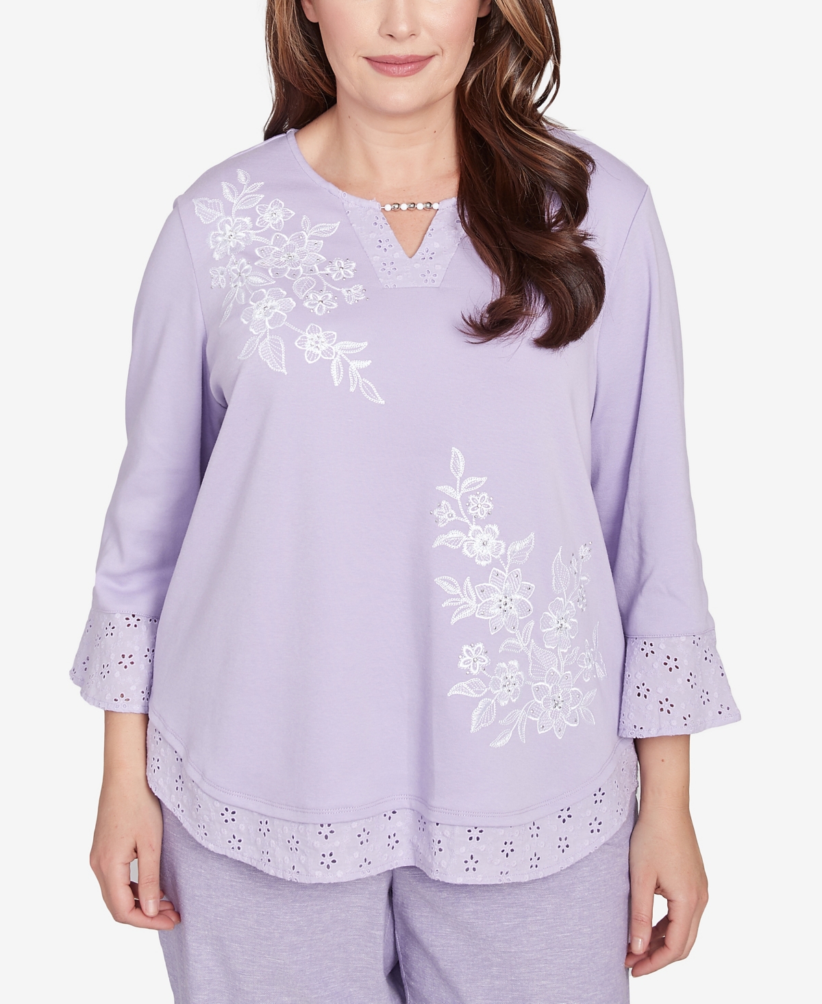 Alfred Dunner Plus Size Crystal Springs Floral Embroidered Eyelet Sleeve Top In Lilac