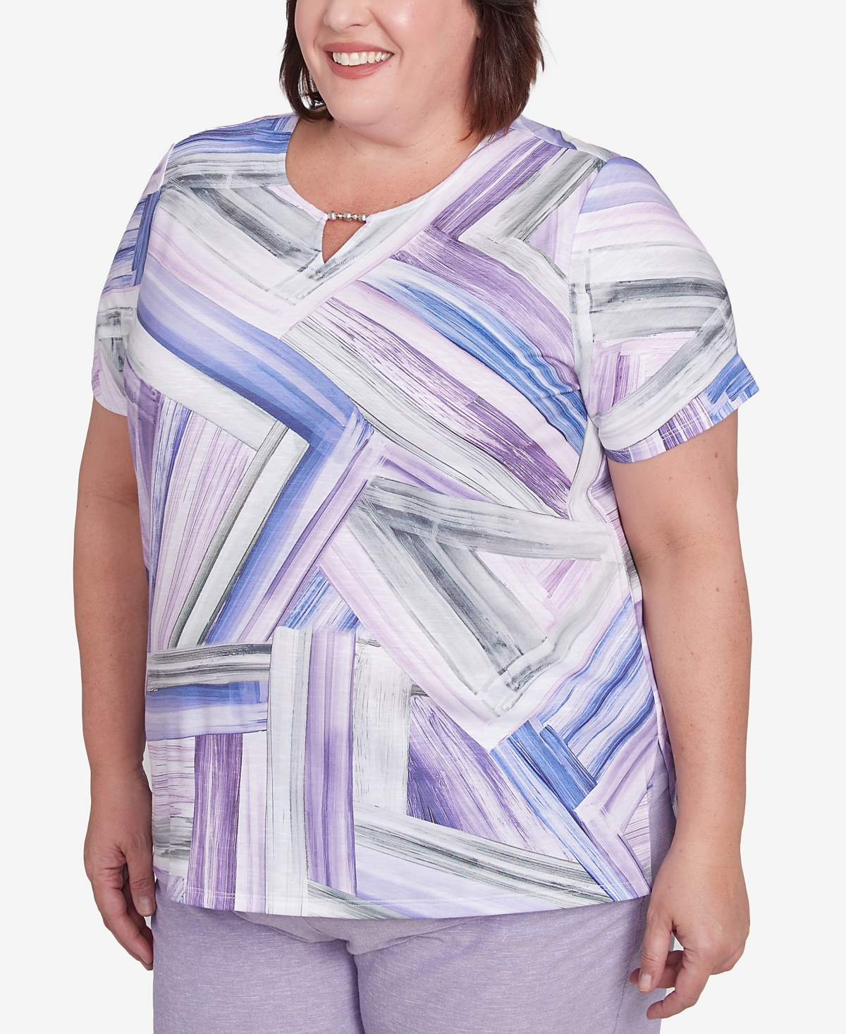 Alfred Dunner Plus Size Crystal Springs Brushstroke-stained Glass Top In Lilac Multi