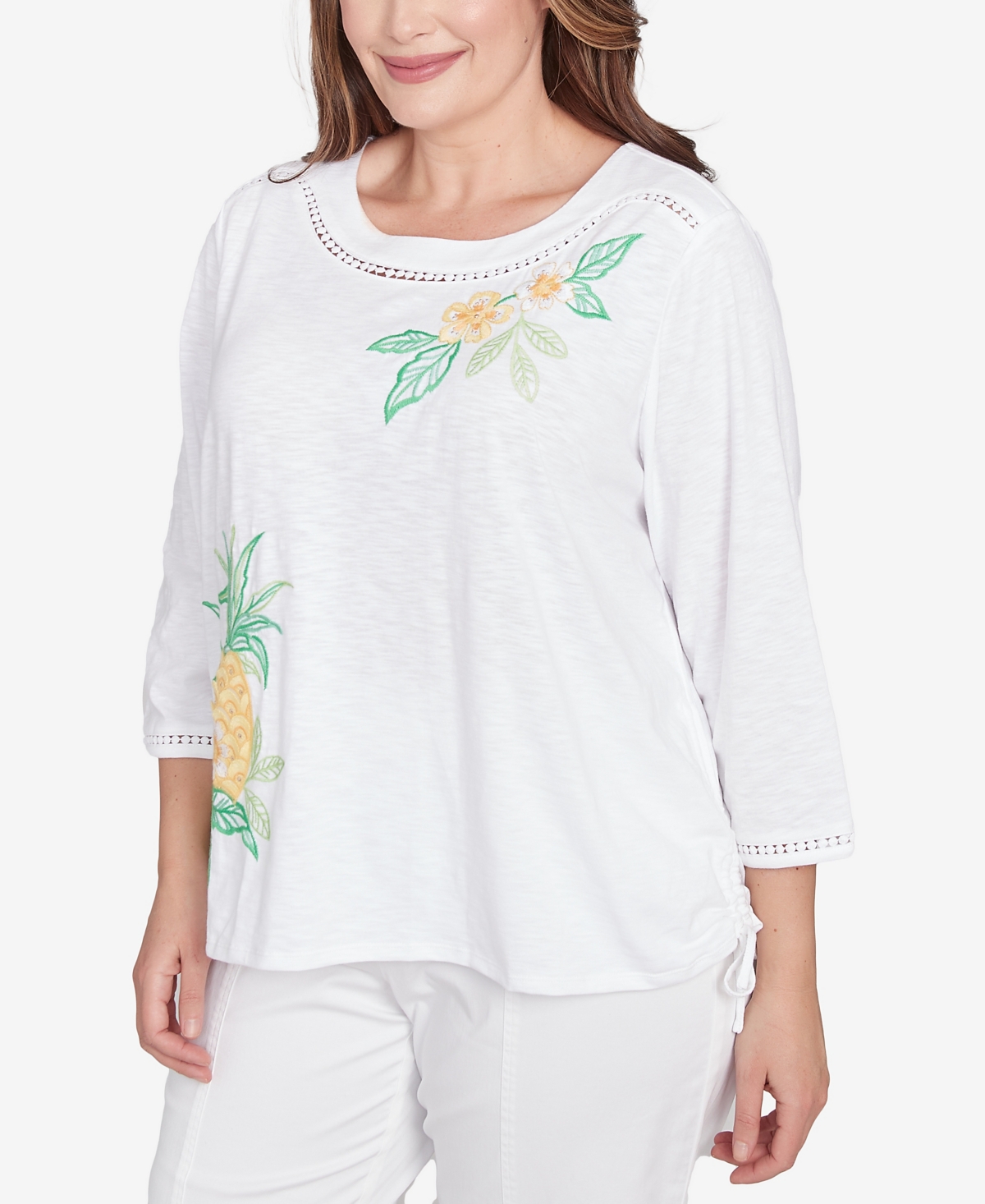 Alfred Dunner Plus Size Rise And Shine Embroidered Pineapple Top In Multi White