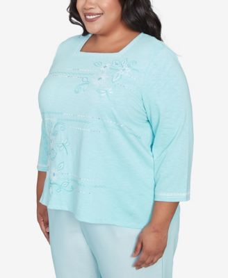 Alfred Dunner Plus Size St. Thomas Asymmetrical Dragonfly Embroidery Top